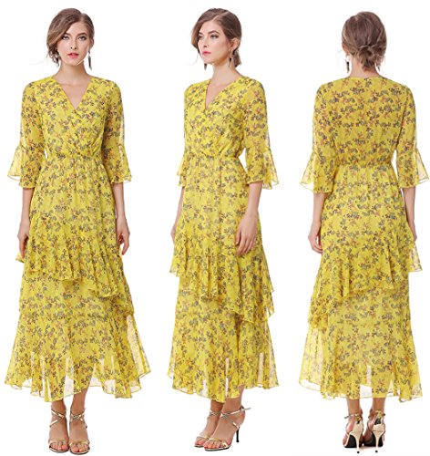 Xinuo Womens Dresses Yellow Floral Maxi Dress V Neck High Waist Chiffon Beach Summer Party Casual Long Dresses (Us 4-6=Cn S,Yellow) #TOP4