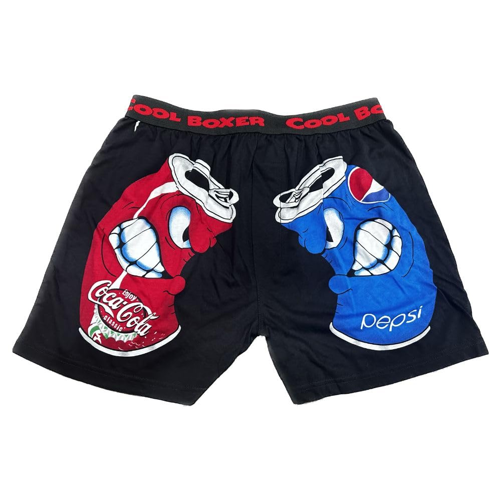 Black Coca-Cola vs Pepsi Cartoon Boxers for Men, Cool, Lightweight, Funny Print Menswear Innerwear with Soft Elastic Waistband (M)