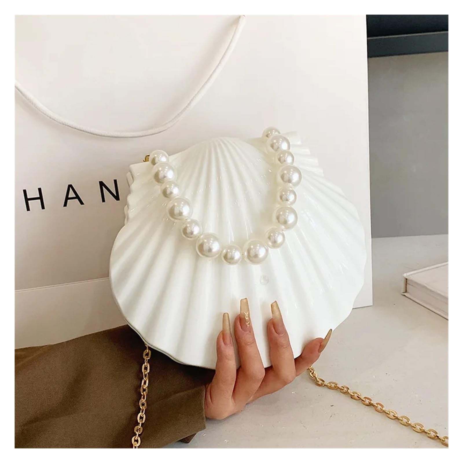 Muscheltasche, Neue Umhängetasche for Damen, Kleine Schultertaschen, Süße Geldbörsen, Goldene Abendtasche(Shape 2 White)