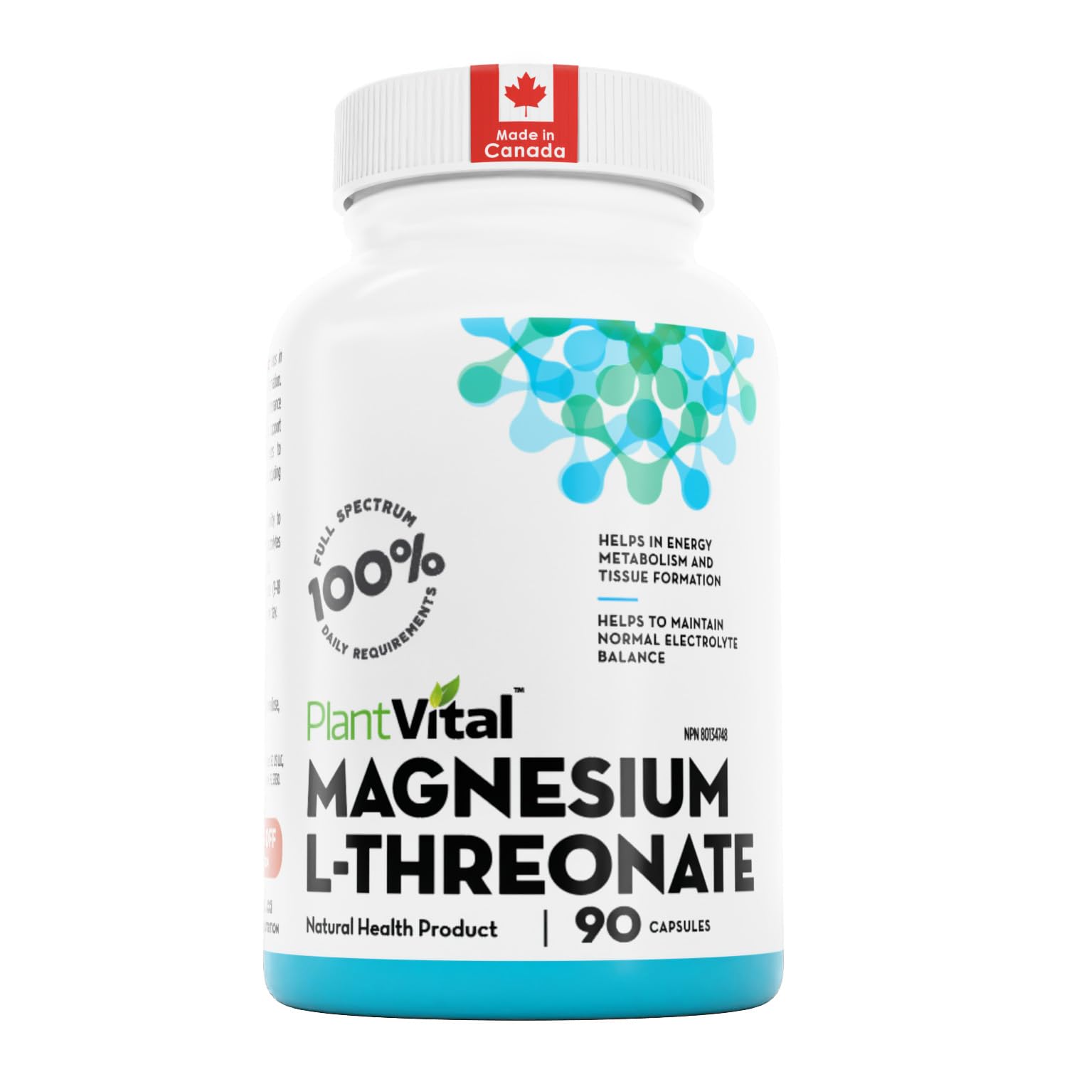 PlantVital Magnesium L-Threonate - Made in Canada - High Absorption Magnesium Supplement for Energy, Bone and Muscle Support – 90 Capsules