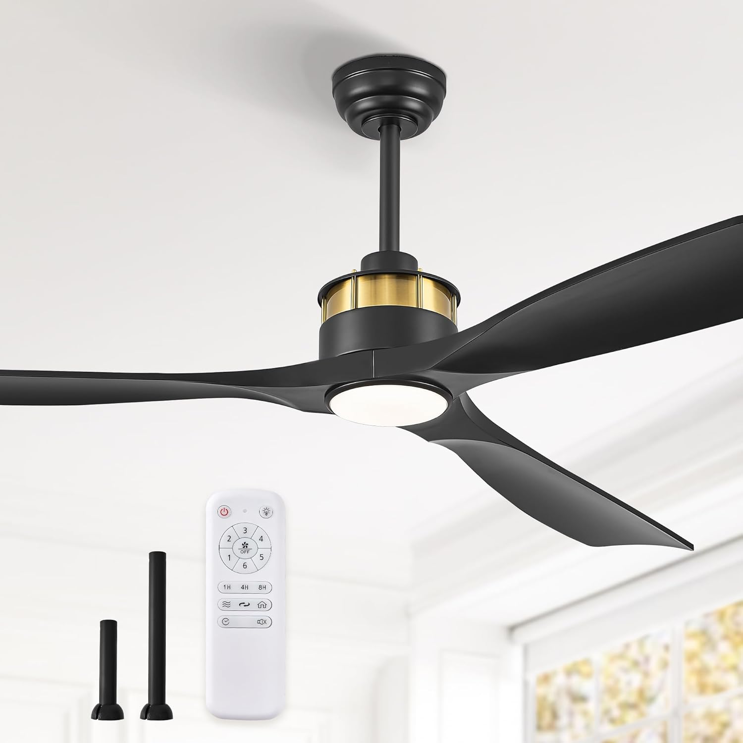 52" Ceiling Fans with Lights and Remote Control, Flush Mount Ceiling Fan with 3 LED Colors,Outdoor Ceiling Fans with 2 Downrods 6-Speeds Reversible DC Motor for Patio Bedroom Living Room Black With Light