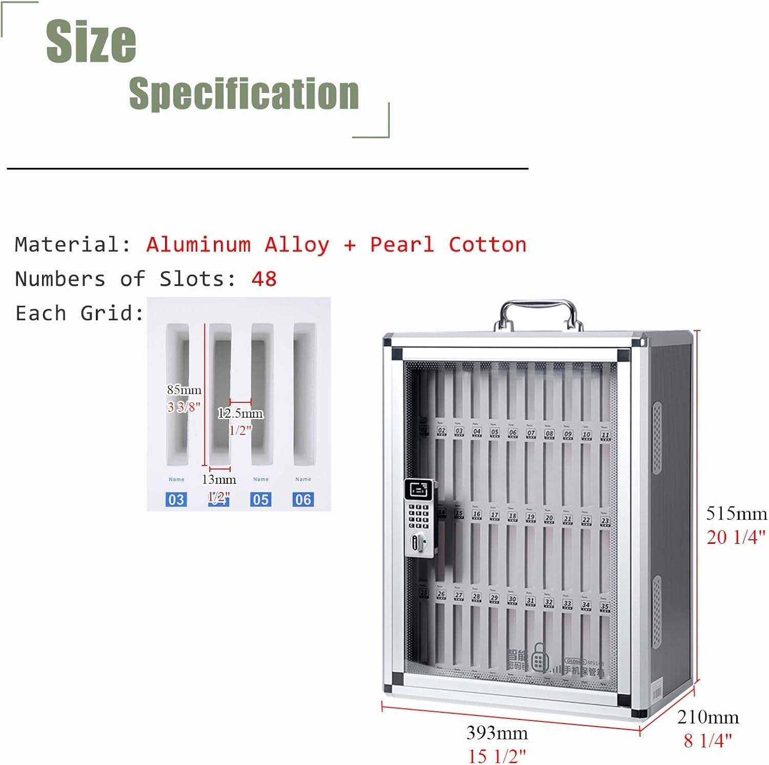 Wall Mounted/Freestanding Cell Phone Locker - 48 Slots Mobile Phone Storage Box with Lock & Handle - Secure Phone Safe Deposit Box for Offices, Schools & Public Spaces