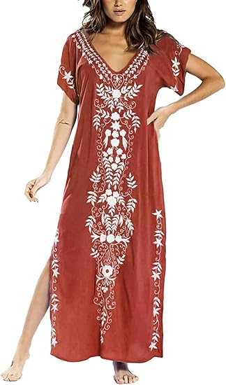 Snyemio Robe De Plage Pour Femme Caftan Long Floral Imprimé Maxi Paréo Kaftan Sexy Boho Taille Grande