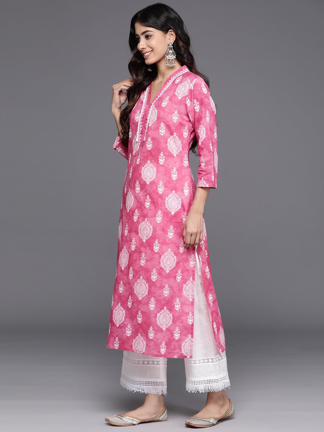 Varanga Women Pink V-Neck Collared Kurta With 3/4Th Sleeves, White Prints & Lace Detailing Around Neck Full Form
