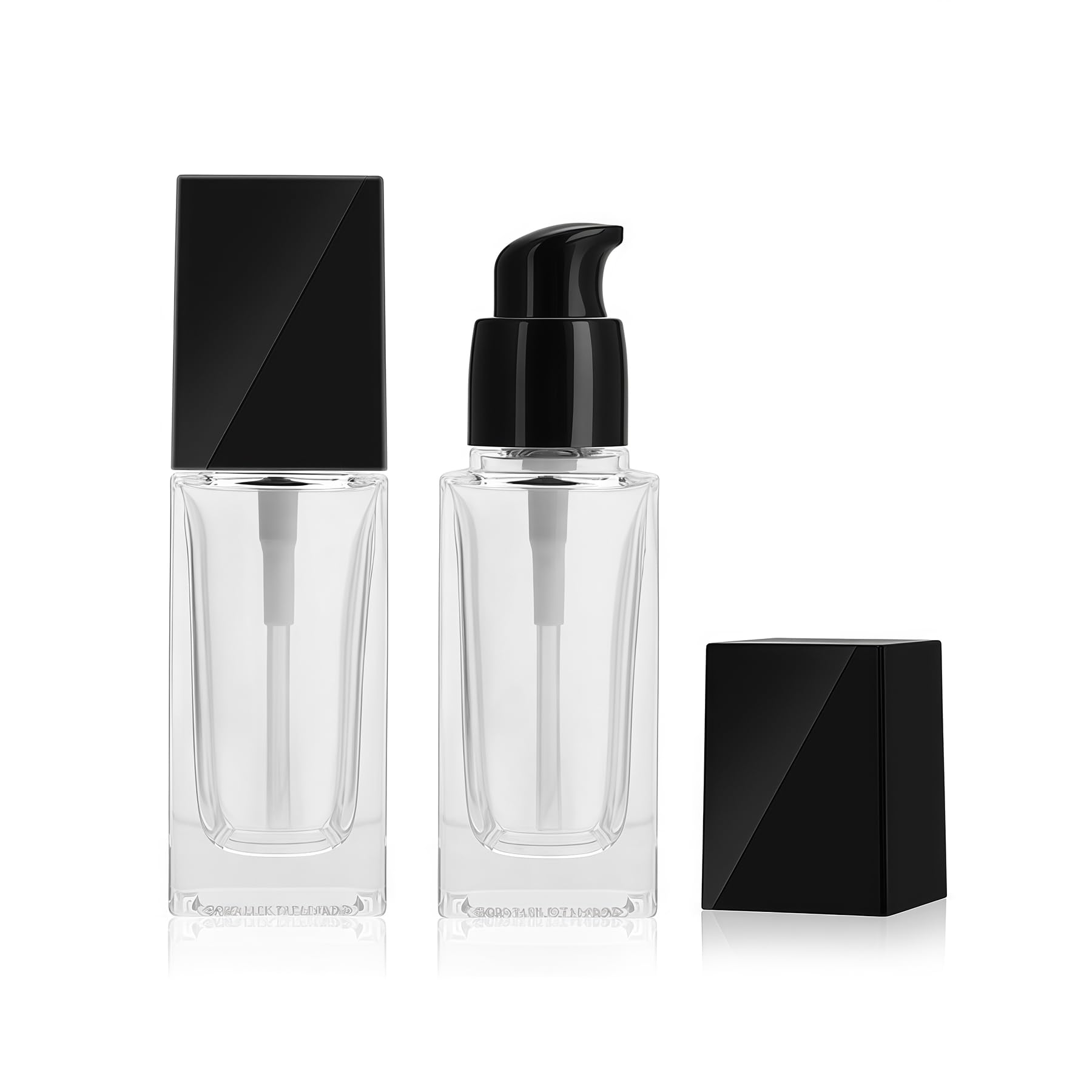 2Pcs 1Oz Square Glass Pump Bottles Clear Lotion Containers with Black Pump Head Empty Travel Vials for Foundation Cleanser Essential Oils Liquids Cream
