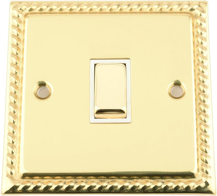 Single Light Switch 1 Gang - Georgian - Polished Brass - White Insert - Metal Rocker Switch - 1 Gang 2 Way 10 Amp
