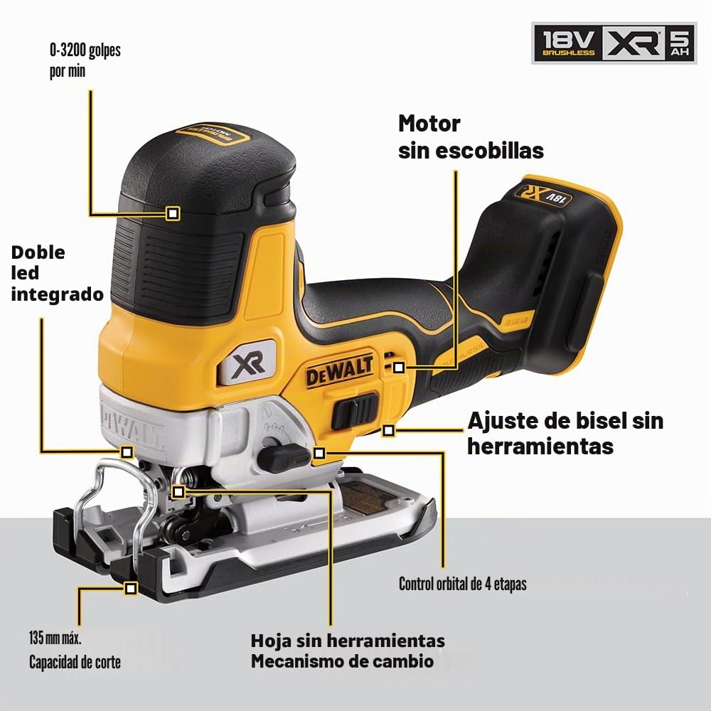 DEWALT DCS335NT-XJ, Sierra de calar sin escobillas 18V XR, Incluye maletín TSTAK, 3200cps/min, Corte madera 135mm /Acero 10mm, No incluye batería ni cargador