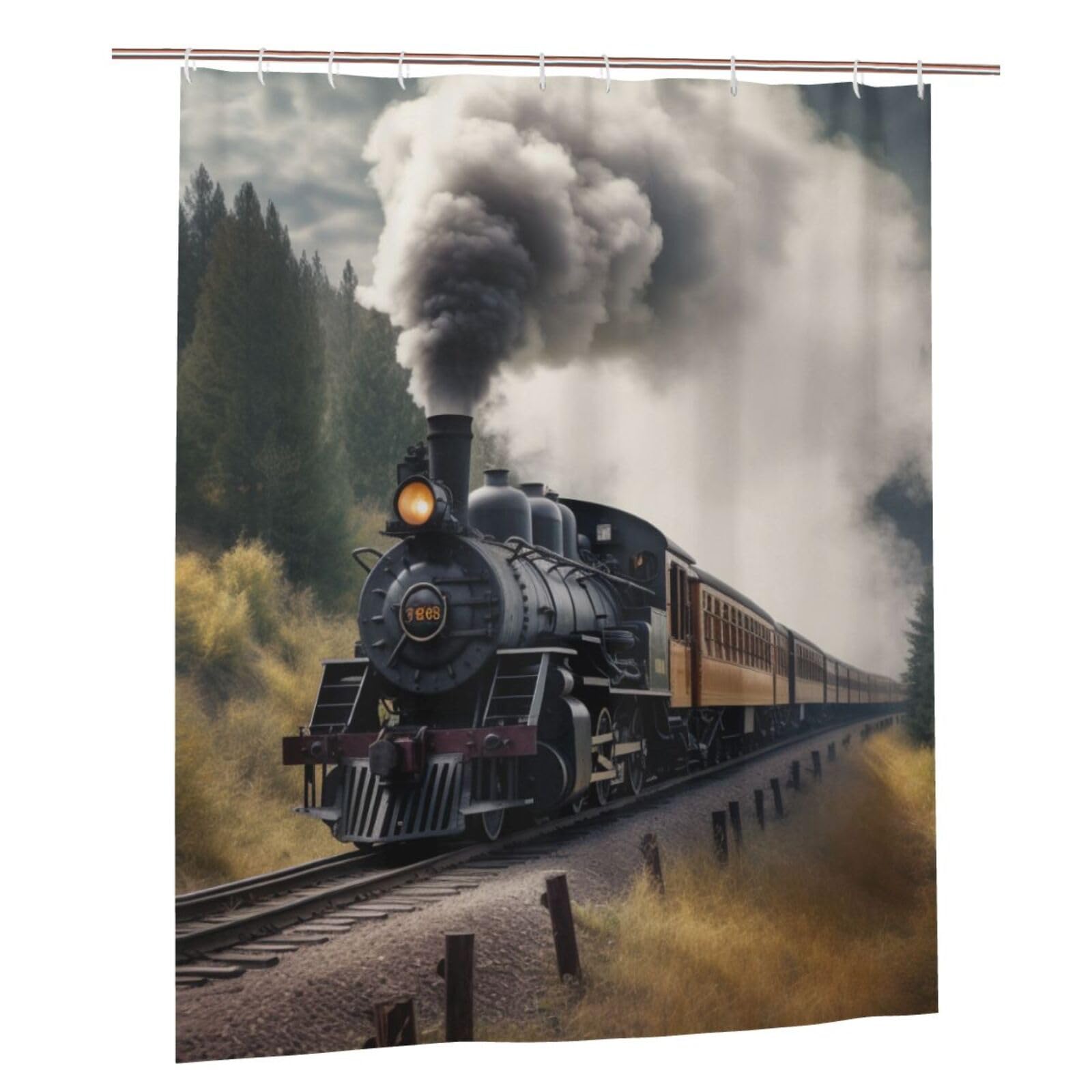 BWWHCCTI Steam Train Printed Shower Curtain With 12 Plastic Hooks Opaque Quick Drying Waterproof Shower Curtains Sets For Bathroom 152x183 Cm