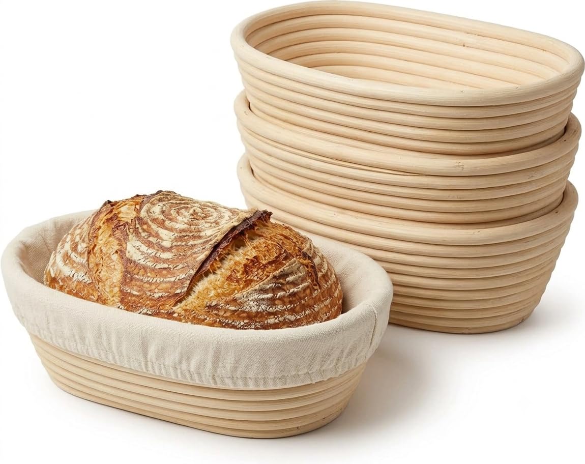 Photo 1 of Nalcant 4 Pack Oval Banneton Proofing Basket Set 10 Inch, Natural Rattan Sourdough Bread Baskets with Linen Liners, Artisan Dough Rising Bowls for Home & Professional Bakers (10" Oval, Set of 4)
