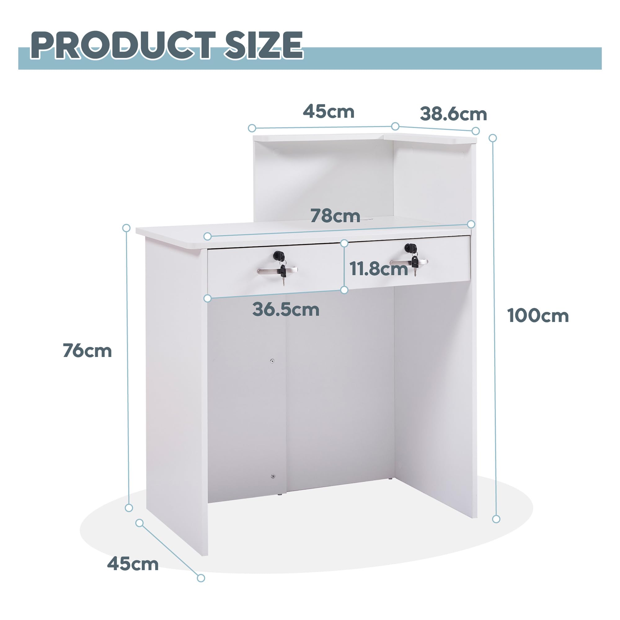 Mostrador de Recepción Moderno 80 cm, Mueble de Oficina de MDF con Cajón Cerradura y Estantes Abiertos, Escritorio de Recepción para Peluquería, Centro de Belleza, Tienda, Hotel y Oficina