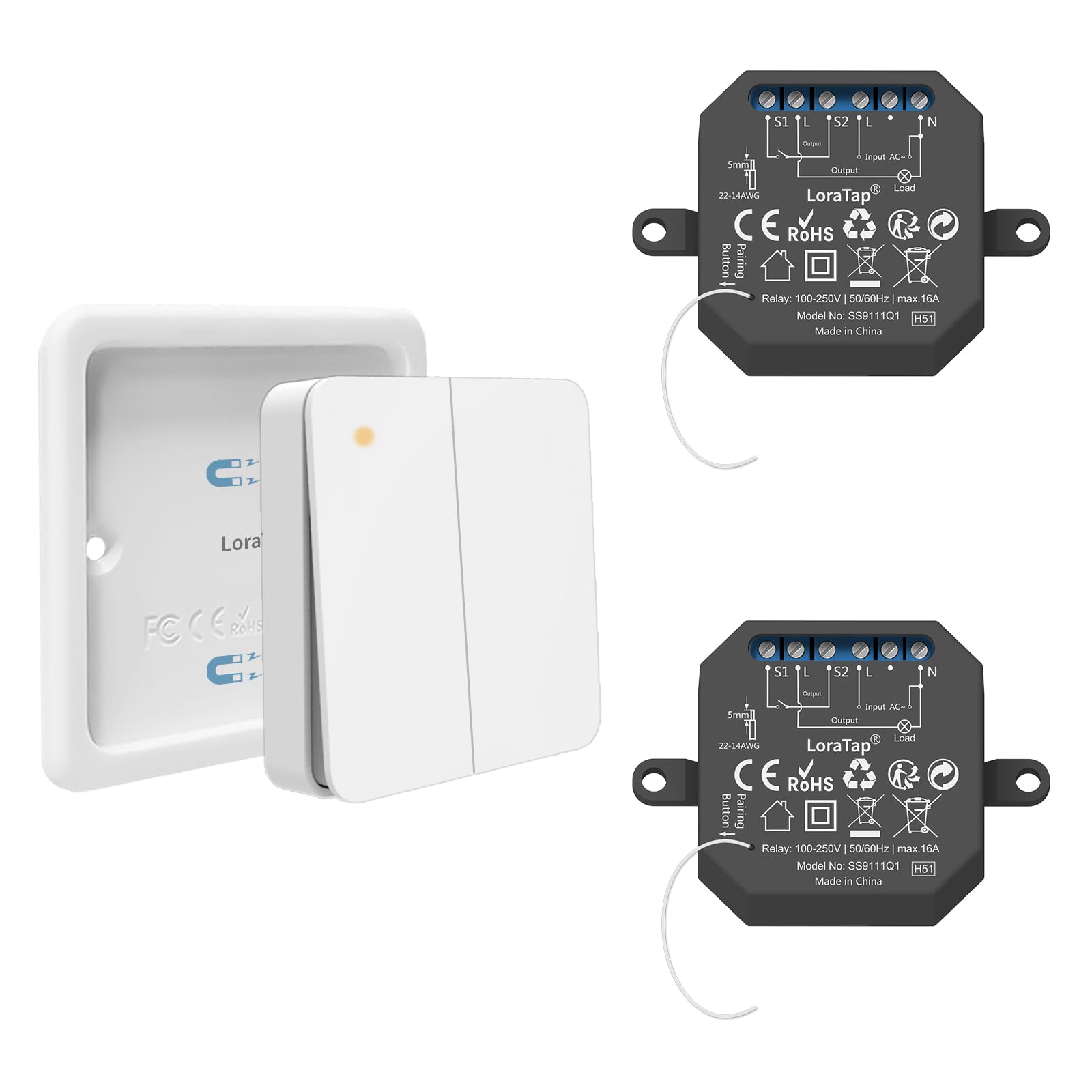 Interruptor de Luz Inalámbrico LoraTap, Mando a Distancia y 2 Receptor de Relé 10A, Interruptor Inalámbrico de Pared a 2 Gang para Lámparas y Electrodomésticos, RF Control Remoto de hasta 200m