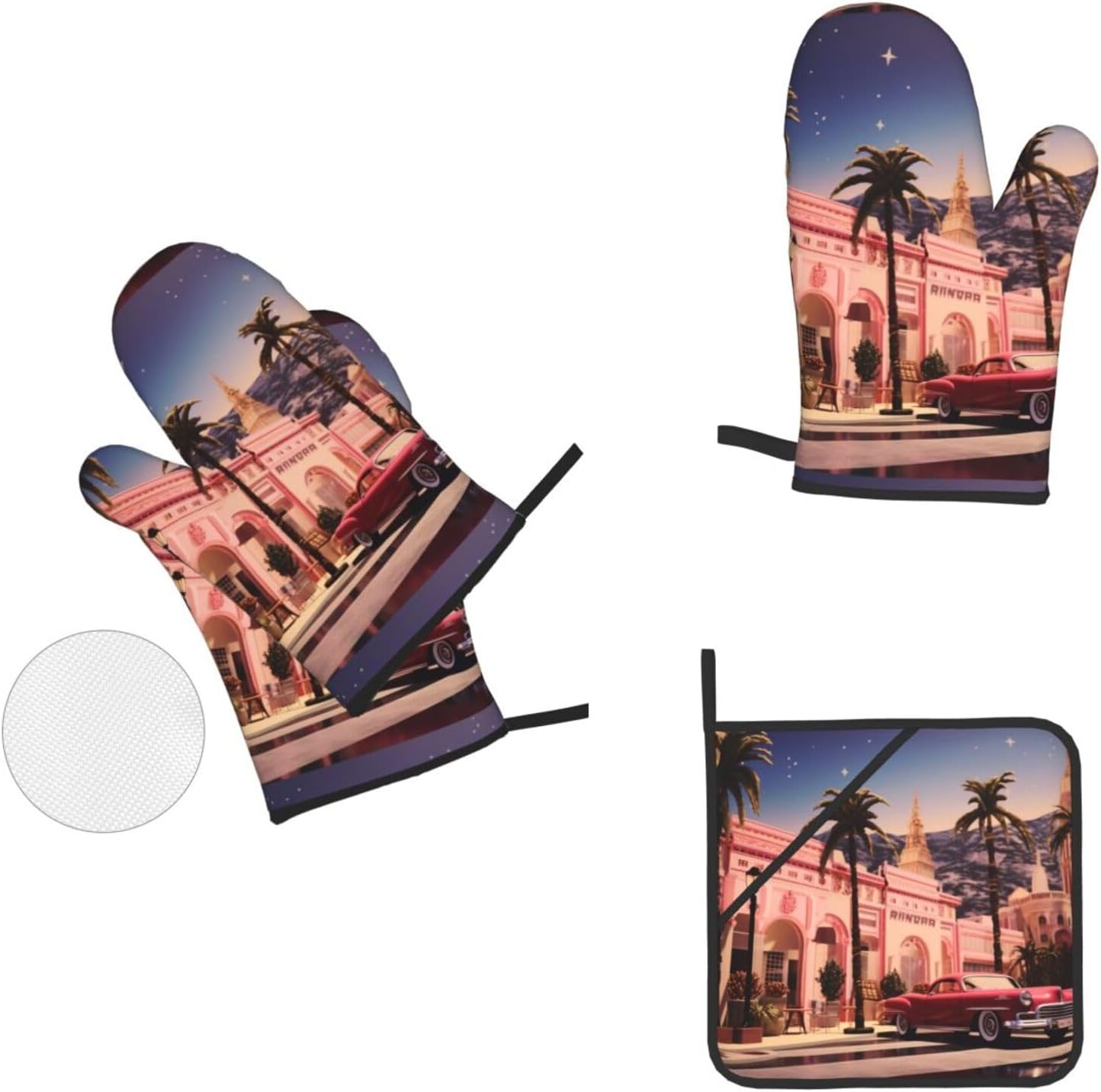 (The Old Hollywood) Baking 4-Piece Set: 2 Oven Mitts and 2 Pot Holders Heat Resistant Waterproof Hanging Loop for Kitchen Oven Grill Housewarming Gifts