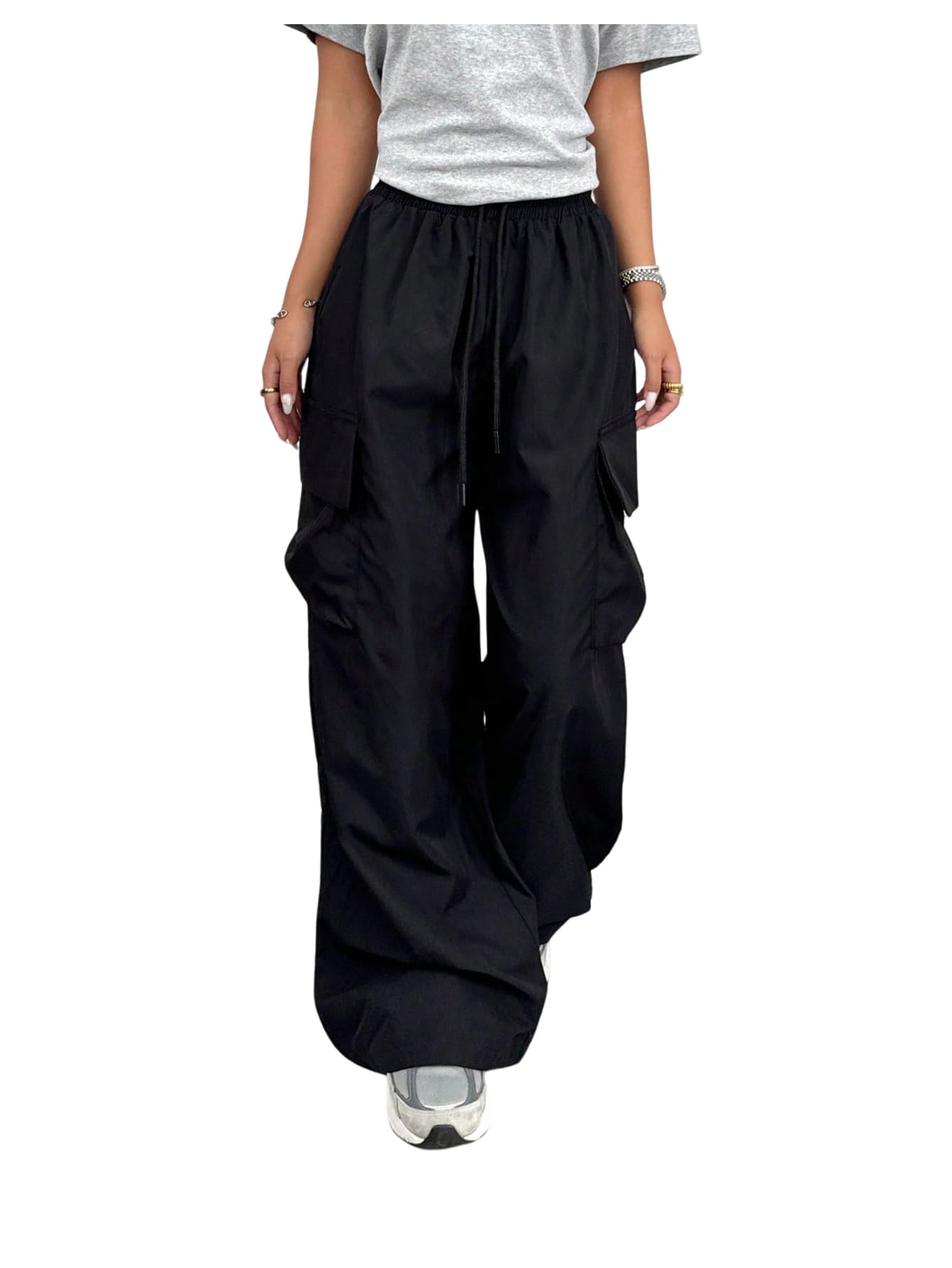 Floerns Womens Y2k Wide Leg Cargo Pants Drawstring Elastic Waist Streetwear Pants
