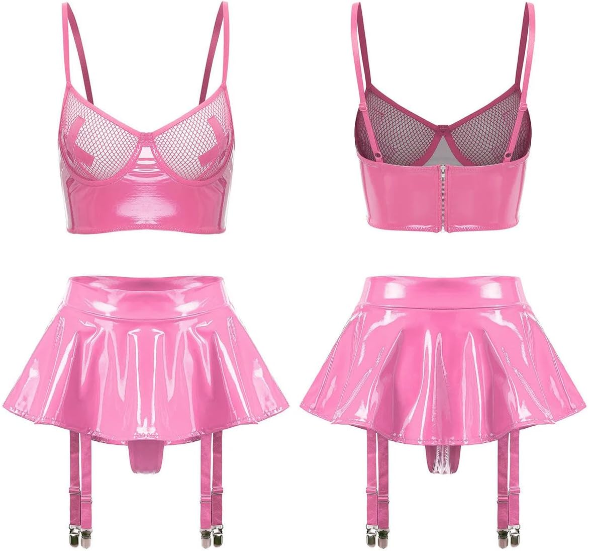 Womens Patent Leather Lingerie Mesh Push Up Underwire Bra Ruffle Miniskirt