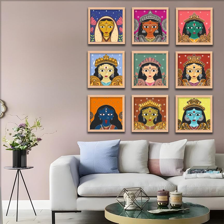 Image of NoWorries Indian Goddess Wall Art Frames Set of 9 | Vibrant Hindu Colorful Durga Kali Folk Art Prints with frames for Living Room, Spiritual Home Decor, Modern Ethnic Wall Gallery