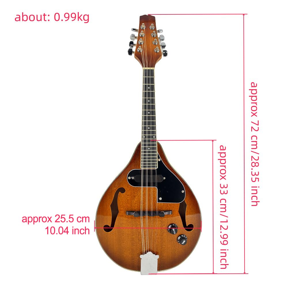 Mandoline Acoustique-Électrique Style A Corps Mohagany 8 cordes Kit complet pour scène Arqué Trous F Corps avec sac de transport, câble, cordes, sangle, médiators et chiffon de polissage