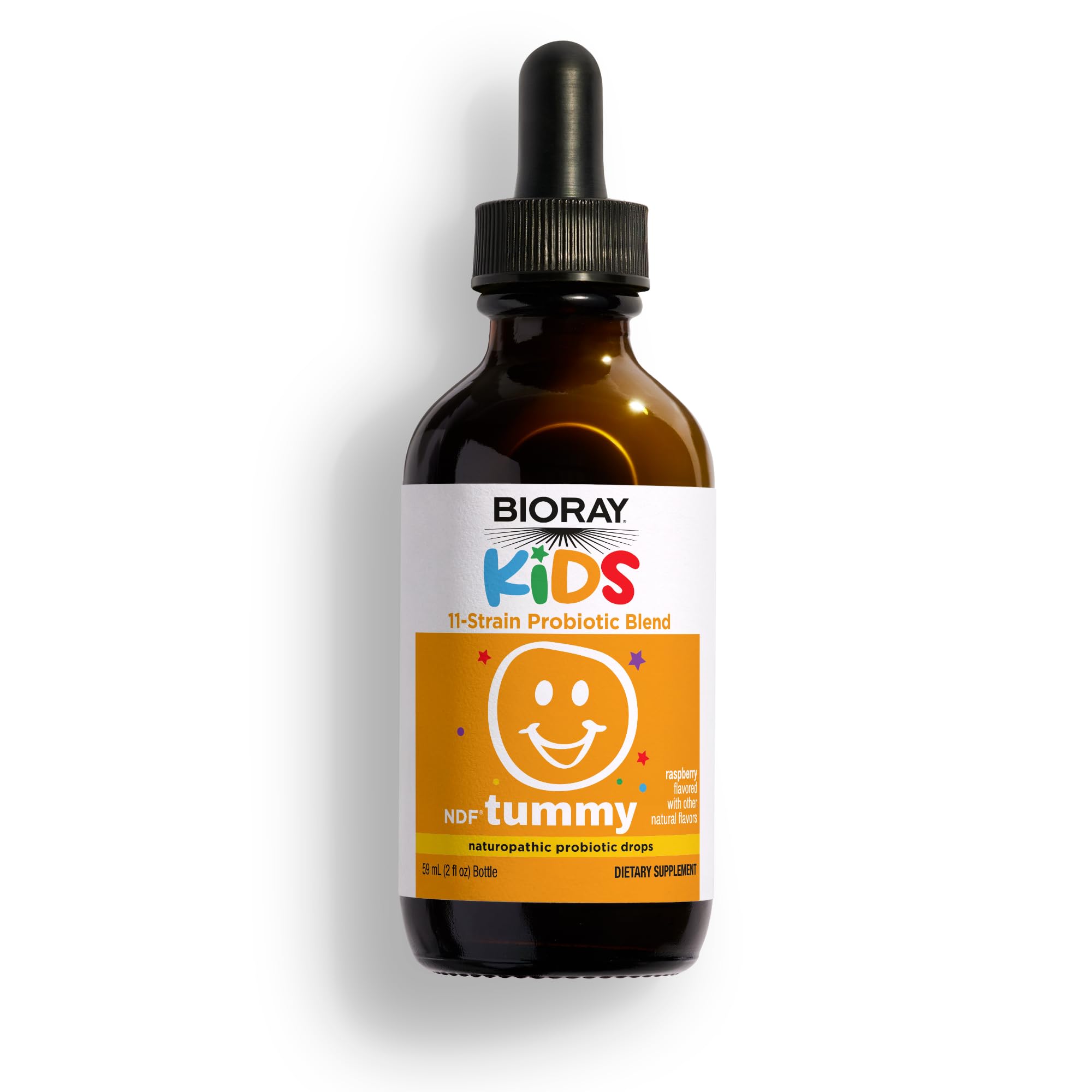 BIORAY Kids NDF Tummy, Raspberry - 2 fl oz - 11-Strain Probiotic Blend - Stöder immunsvaret i GI Tract - Non-GMO, Vegan, Gluten Free - Cirka 30 portioner