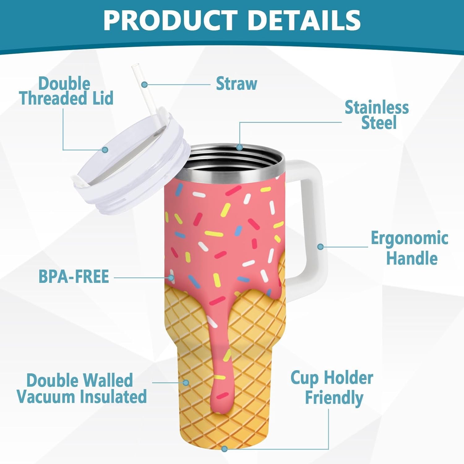 YETTASBIN Ice Cream Cone 40 oz Tumbler with Handle, Stainless Steel Vacuum Insulated Sports Water Bottle, Leak-proof Travel Coffee Mug Cup with Lid and Straw for Water, Iced Tea or Coffee