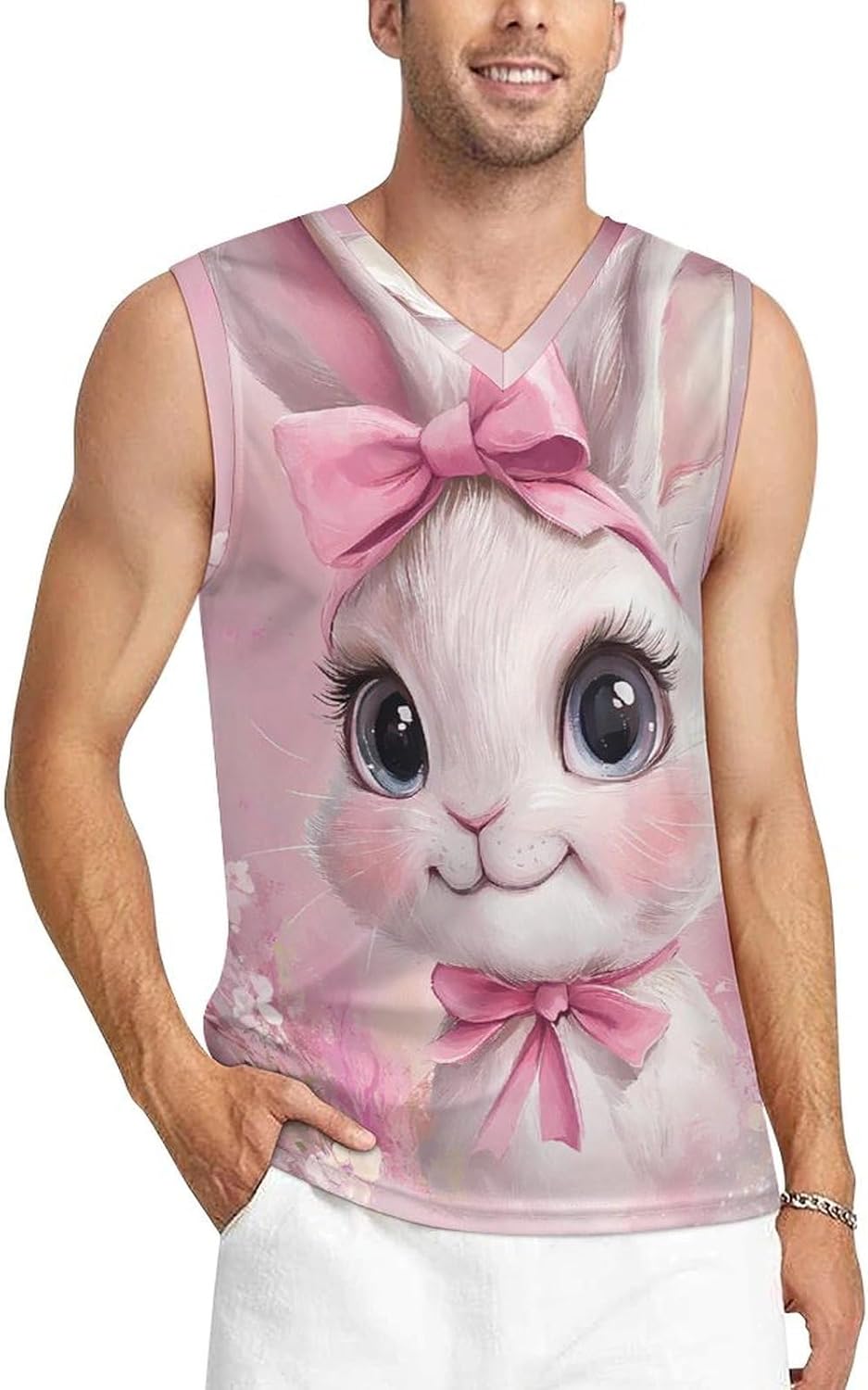 Cute Bow Rabbit Men's V-Neck Basketball Tank Top Sleeveless Workout Tank Shirts Gym Fitness Tees Vest