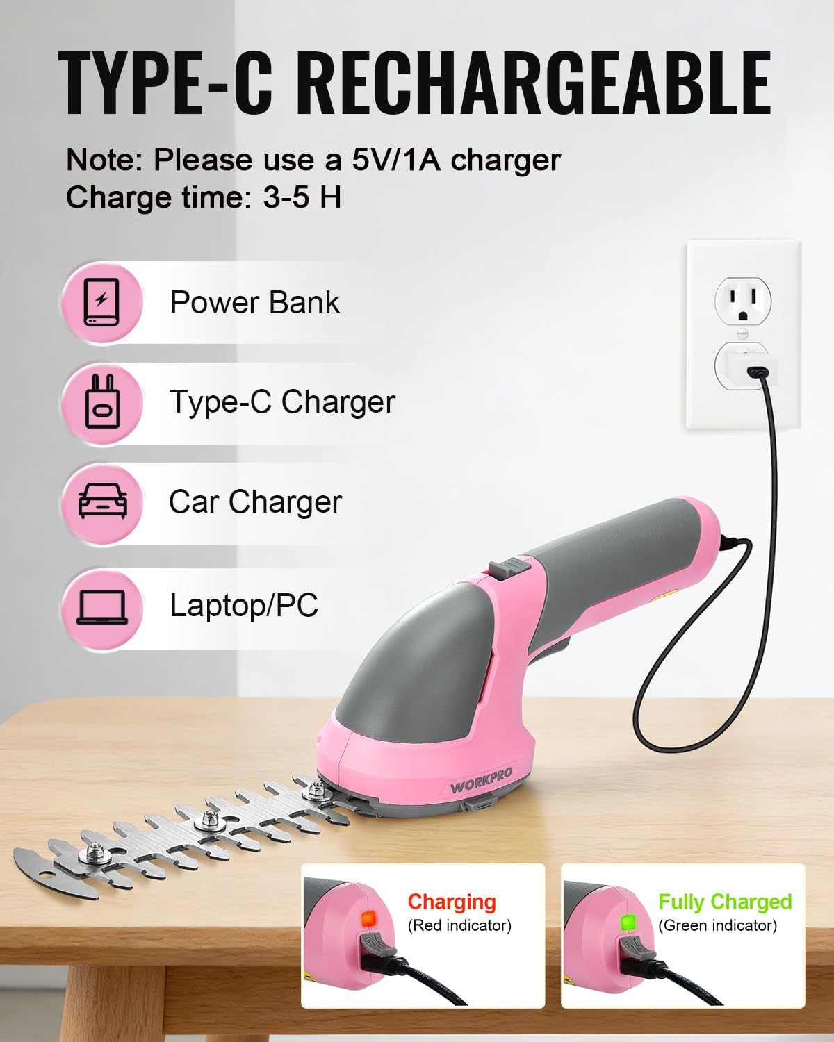 WORKPRO Cordless Grass Shear & Shrubbery Trimmer - 2 in 1 Handheld Hedge Trimmer 7.2V Electric Grass Trimmer Hedge Shears/Grass Cutter Rechargeable Lithium-Ion Battery and Type-C Cable - Pink Ribbon