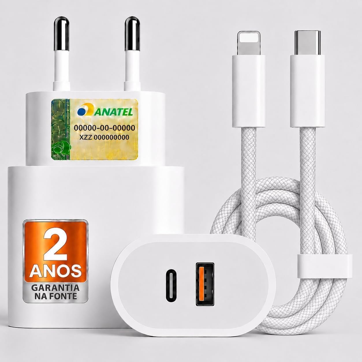 UTBRX Carregador Turbo 40w com Cabo e Fonte Entrada Dupla Carregador Rápido Compatível com iPhone X Xr SE 11 12 13 14, Conexão Lightning USB-C, Bivolt 110/220V - Premium Duo 2
