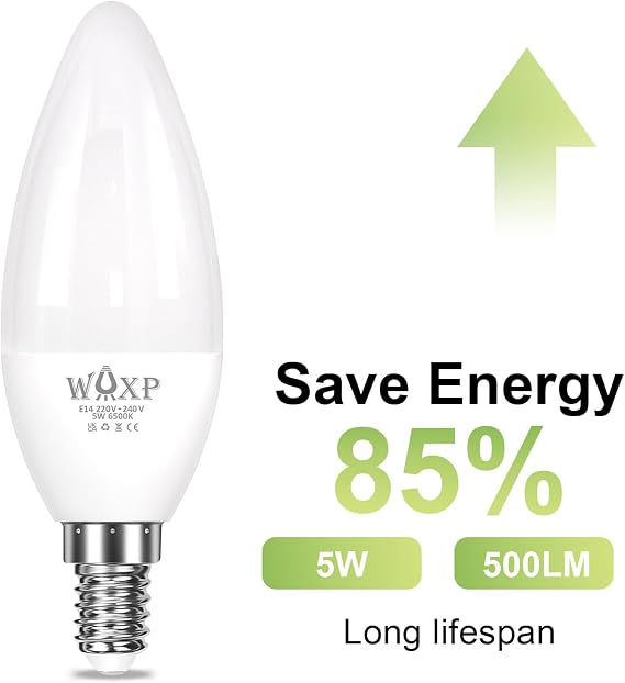 WAXP E14 Led Light Bulb Cool White, 40W Equivalent, 500 Lumen 5W Small Screw Light Bulbs, 6500K SES LED Candle Lightbulbs, Non-dimmable, Pack of 6 [Energy Class F]
