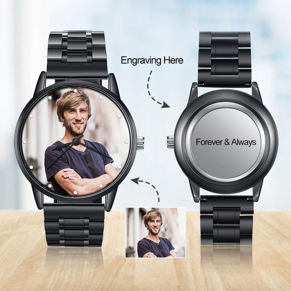 kaululu Personalisierte Armbanduhr Herren mit Foto und Namen Gravur, Uhren mit Edelstahl PU-Lederarmband, Geschenk für Papa, Ehemann, Opa, Vatertagsgeschenke