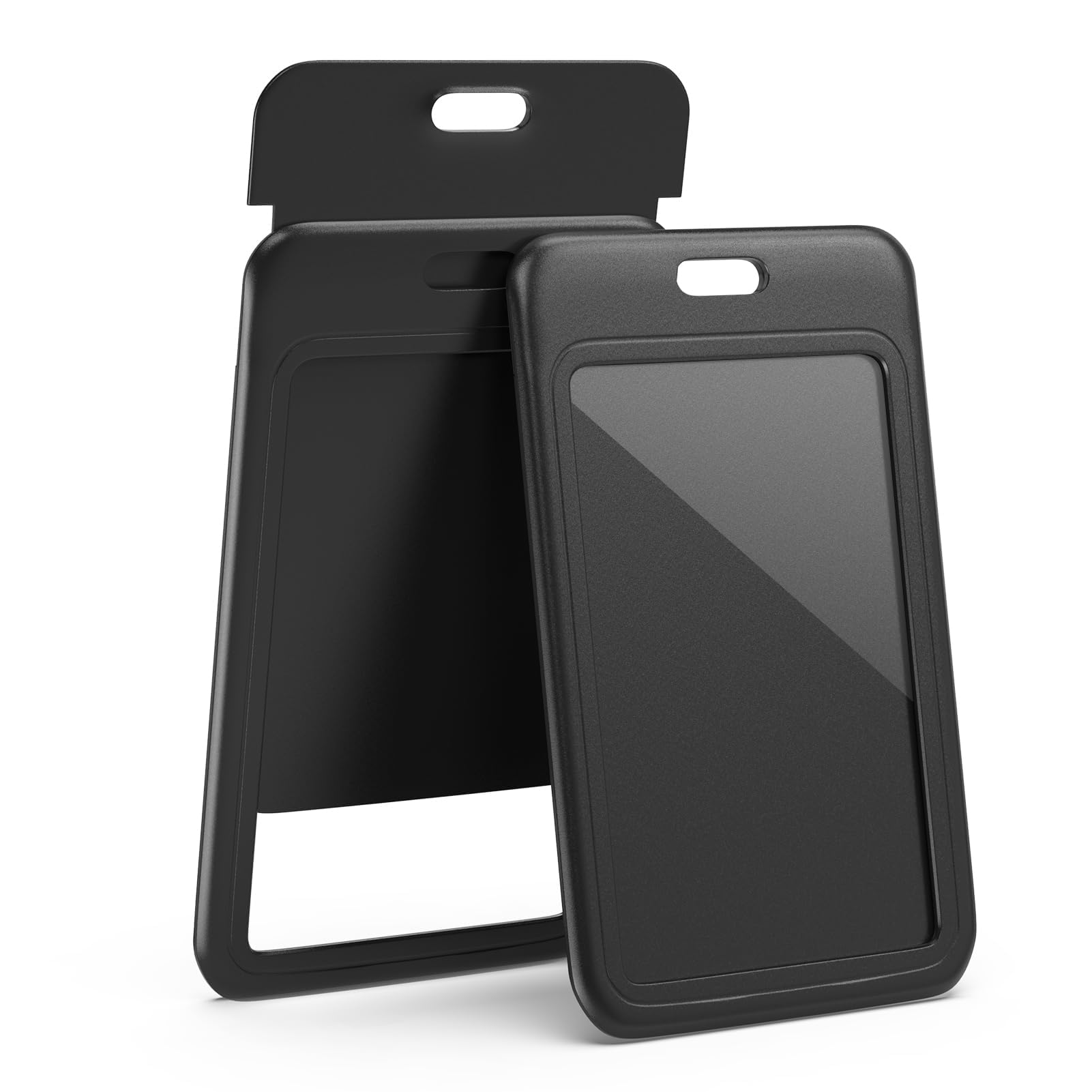 Narcilors 2 Pack Sliding Badge Holder Hard Black Vertical Plastic Card Case Protector with Retractable Badge Reel Carabiner for Office School ID Credit Proximity Key Card (Badge Holder)