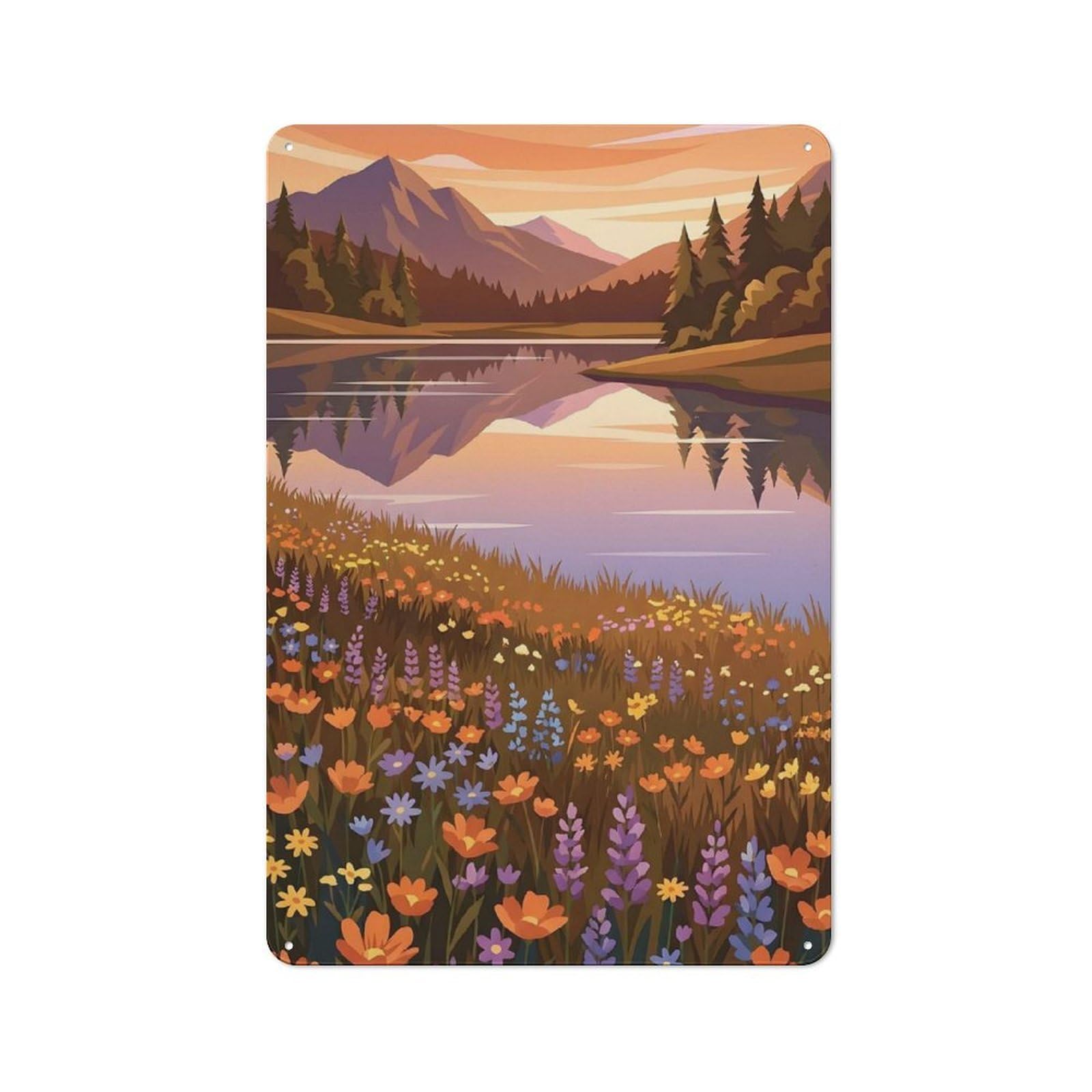 Junmoney Style-4 Tin Sign 30X20cm With Serene Mountain Lake At Sunset For Garage Wall, Rustic Decor, For Kitchen, Dining Room And Home Bar Wall Decor