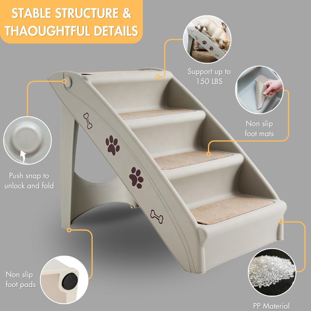 Folding Dog Stair for High Beds, 4 Steps Plastic Dog & Cat Steps with Non-Slip Felt Pad, Safe Side Rail, Indoor Outdoor Pet Stairs Ramp for Small & Medium Pets, Support up to 150 lb (Gray)