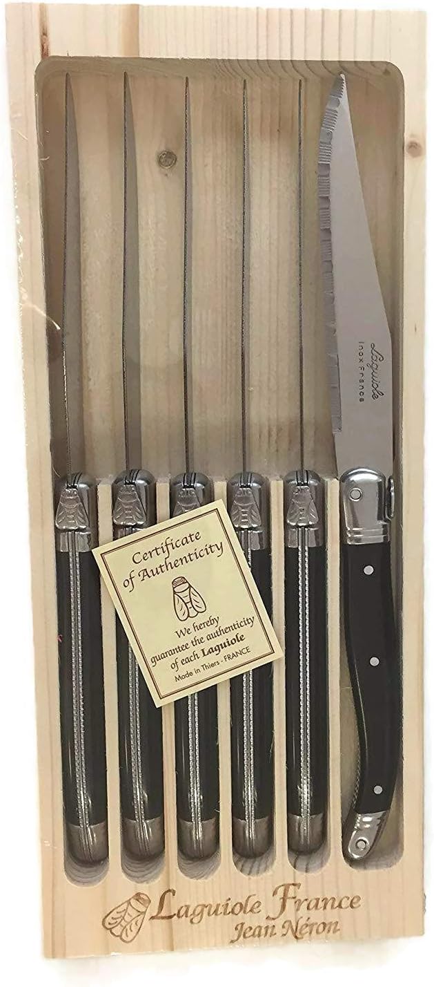 Neron Coutellerie Laguiole 6 Piece Set Steak Knives with Black Plated Handle in Wooden Box by Jean Neron