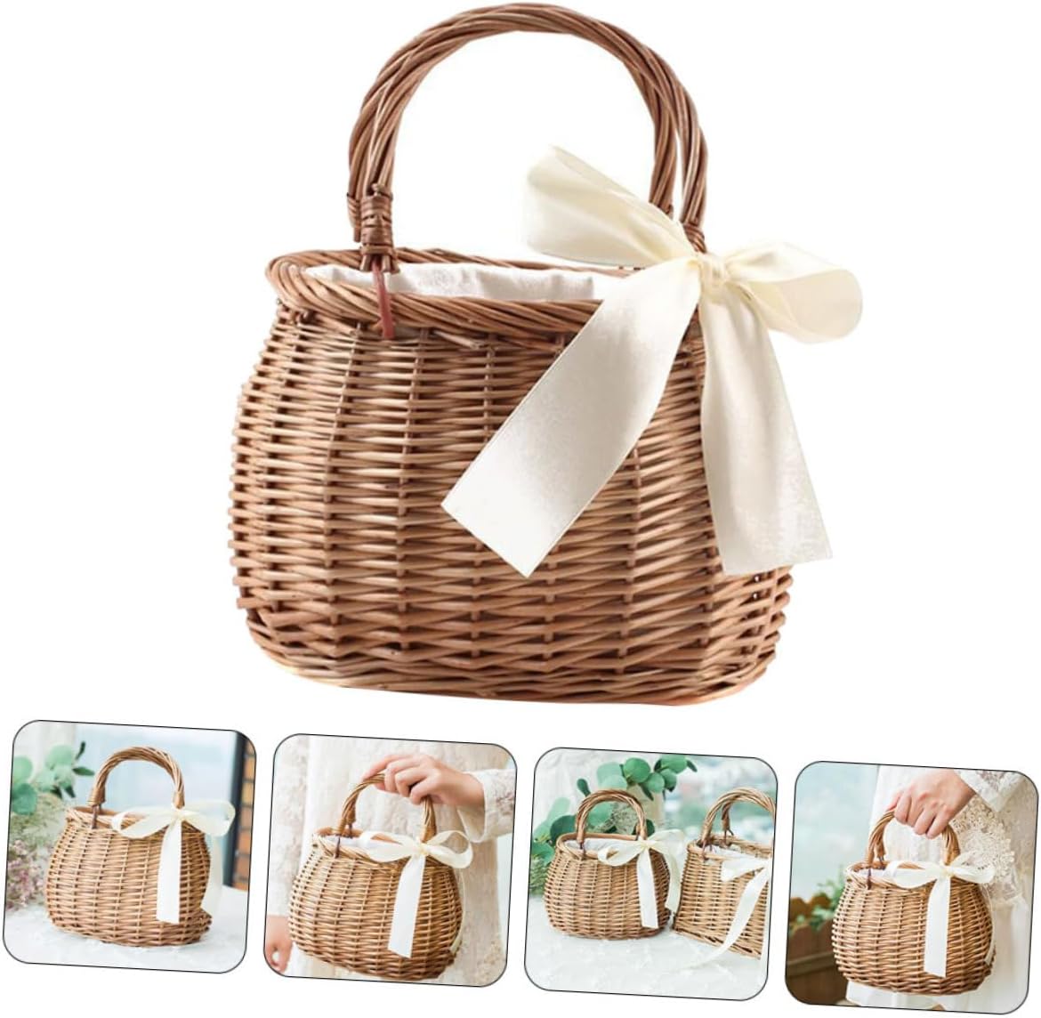 Gadpiparty Hand-Woven Willow Flower Basket 8.26X5.90X4.72 Inch Rustic Wicker Storage Container for Flower Girls Picnic Garden Decor and Multi-Functional Use