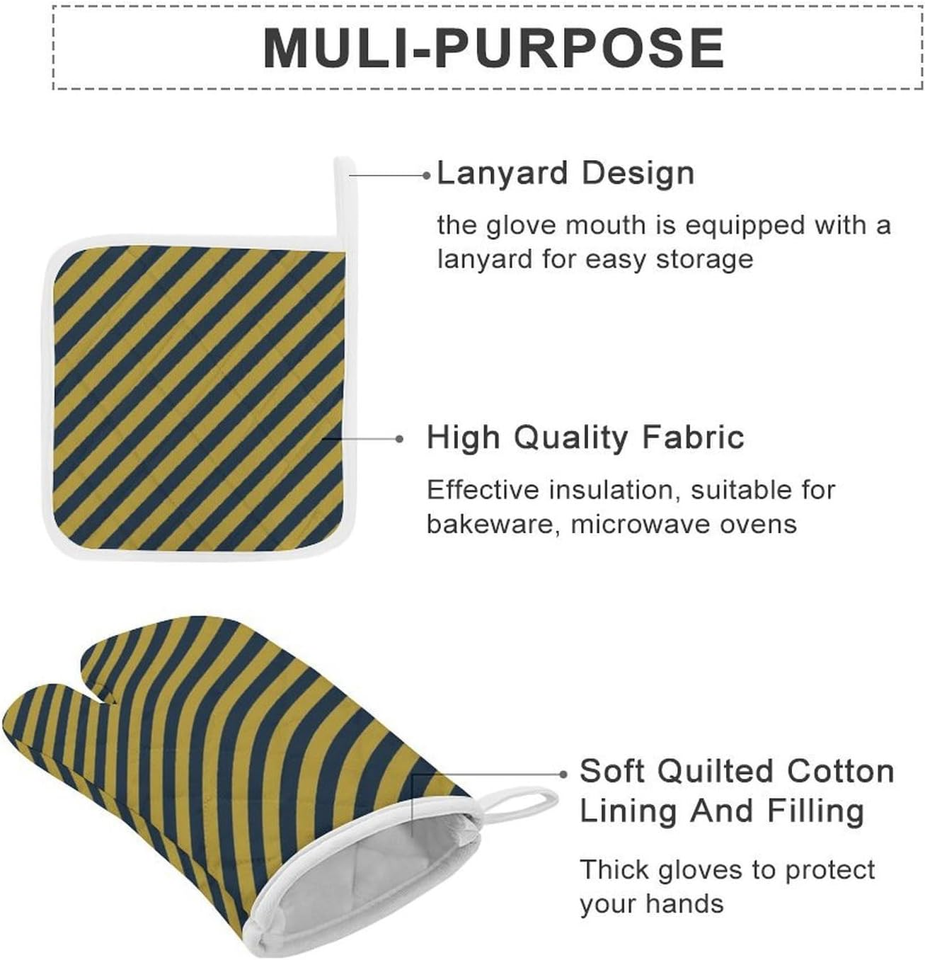 Blue and Yellow Stripes Oven Mitts and Pot Holders 4Pcs Set Heat Resistant Cooking Mitts Hot Pads