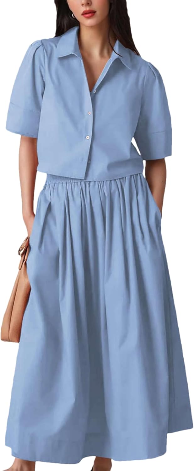 Wanzetaly Womens 2 Piece Outfits Summer Skirt Set Button Short Sleeve Tops and Maxi Skirt Dress Sets with Pockets(0566-Blue-L)