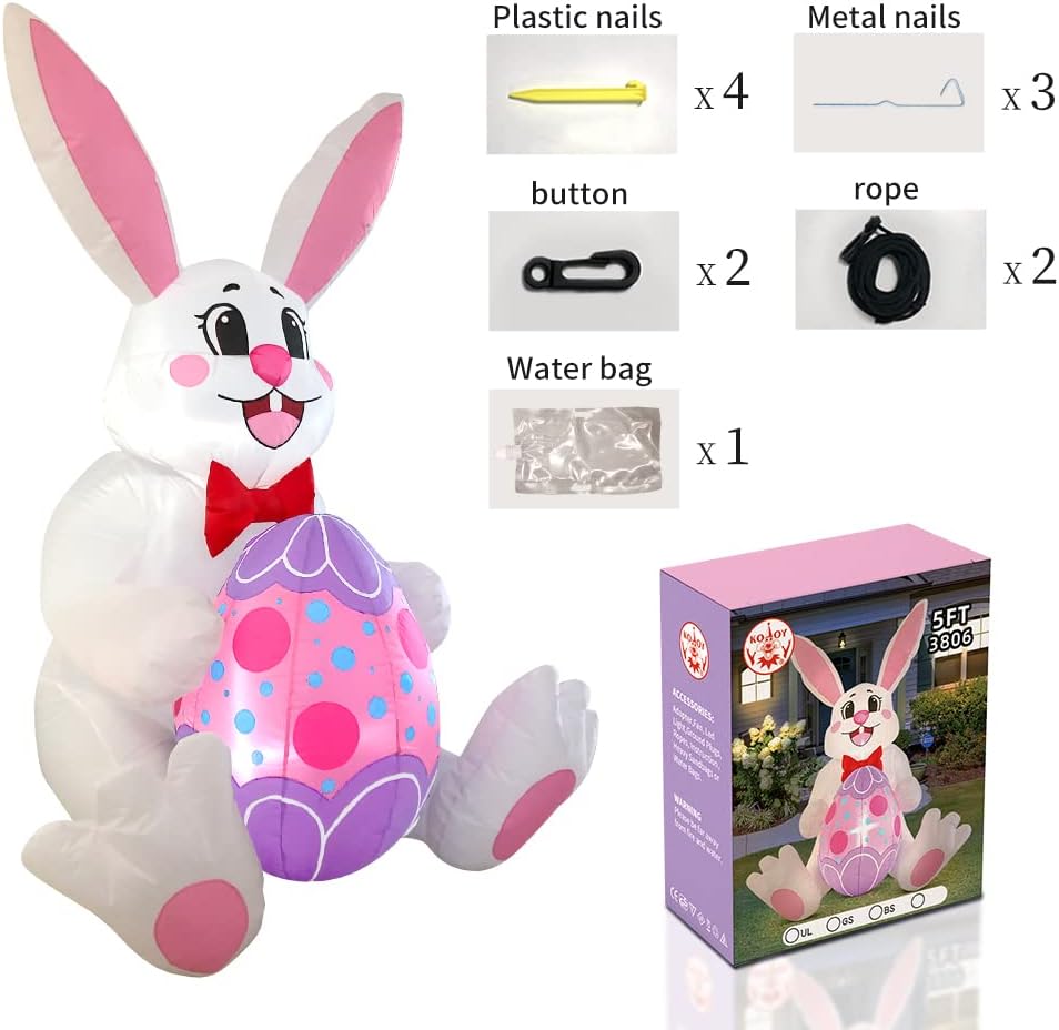 KOOY 5 FT Easter Inflatable Decoration Bunny Holding Egg,Built in LED Lights Holiday Blow Up Yard Decoration for Easter Holiday Party,Indoor,Outdoor,Garden,Yard Lawn : Everything Else
