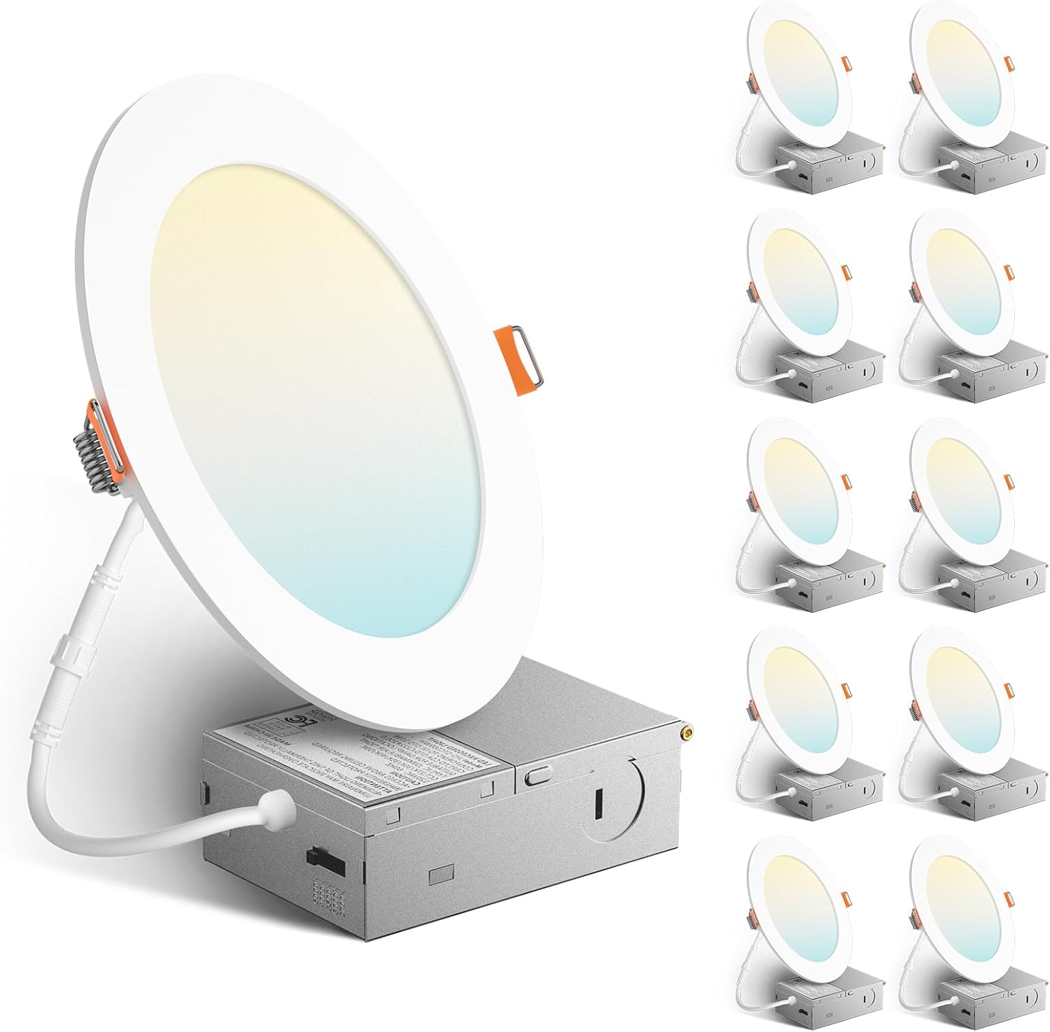 Amico 10 Pack 6 Inch 5CCT Ultra-Thin LED Recessed Ceiling Light with Metal Junction Box, 2700K-5000K Selectable, 12W Eqv 110W, Dimmable Canless Wafer Downlight with Plastic Trim, 1050 Lumens -ETL&FCC