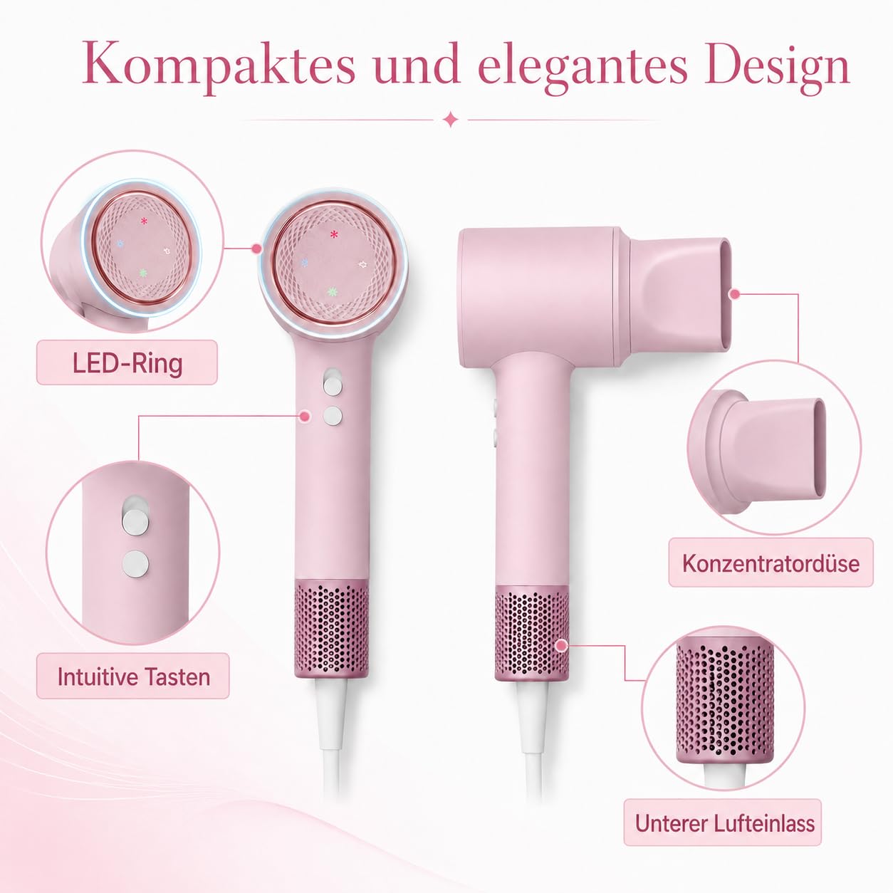 2025 Professioneller Ionen-Haartrockner mit 3 Einstellungen, 1600 W, KI-Technologie und 200 Millionen negative Ionen für Zuhause, Reisen, Fitnessstudio (Rosa)