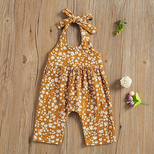 Newborn Girls Sling Jumpsuit Flower Print Sleeveless Romper Hairband One-Pieces Bodysuits Baby Clothing (A-Yellow, 12-18 Months) #TOP2