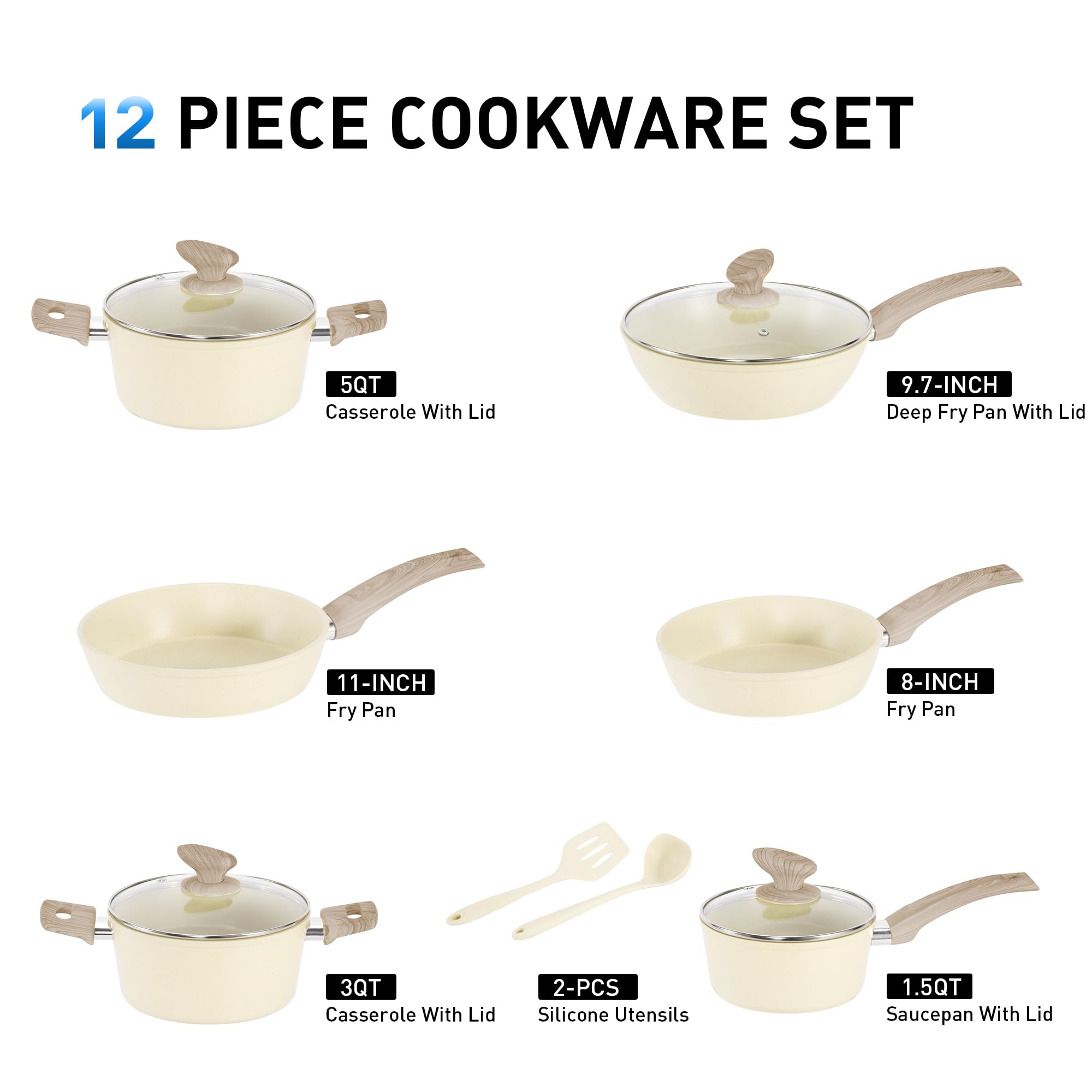 Kitchen Academy Topf und Pfannenset Topfset 12tlg Antihaft-Versiegelung | Kochgeschirr Set mit Deckel, Töpfe und Pfannen Set für Induktion, Gasherde und Mikrowelle, Beige