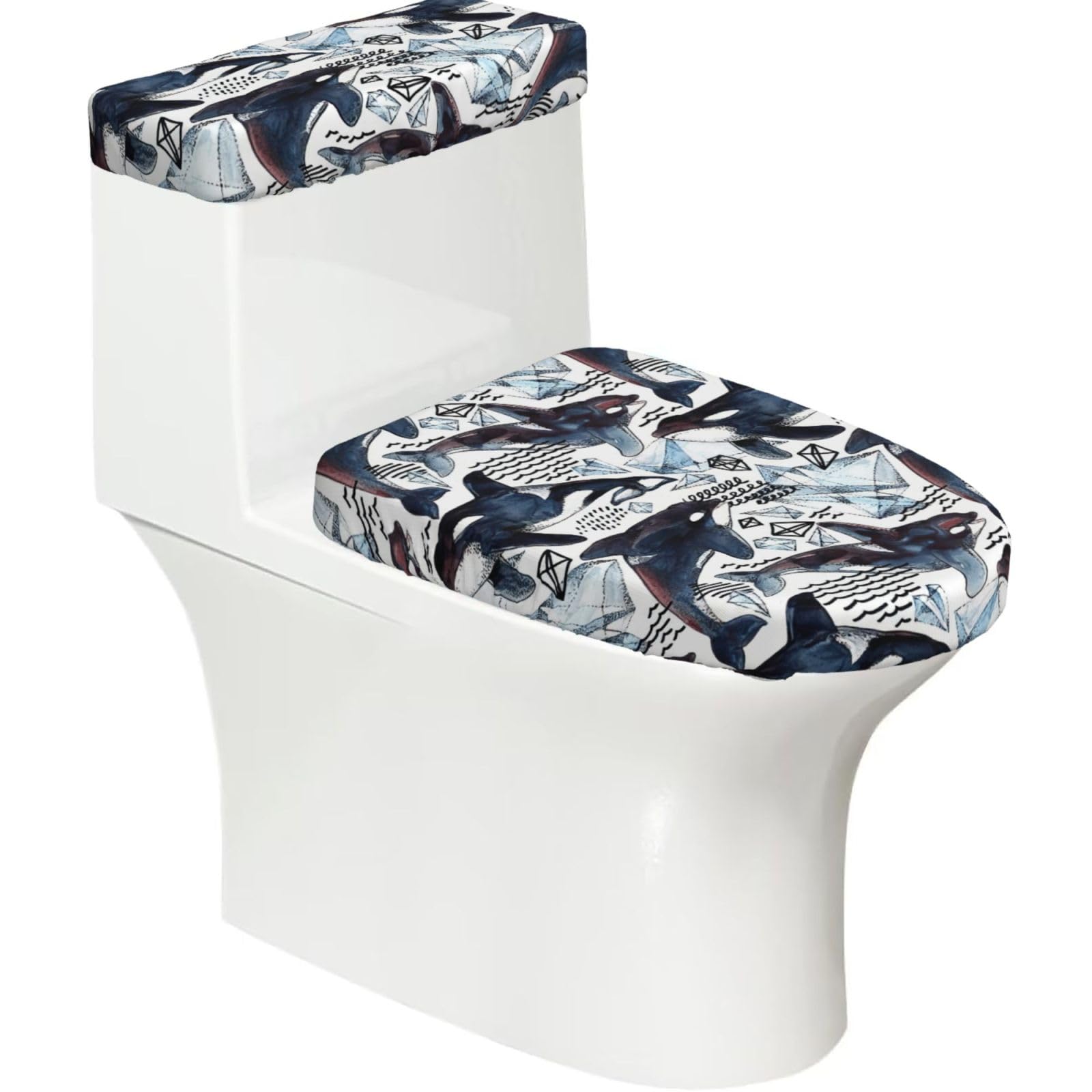 Killer Whale Print 2-Piece Stretch Toilet Cover Set, Elastic Breathable Toilet Seat and Tank Lid Protector