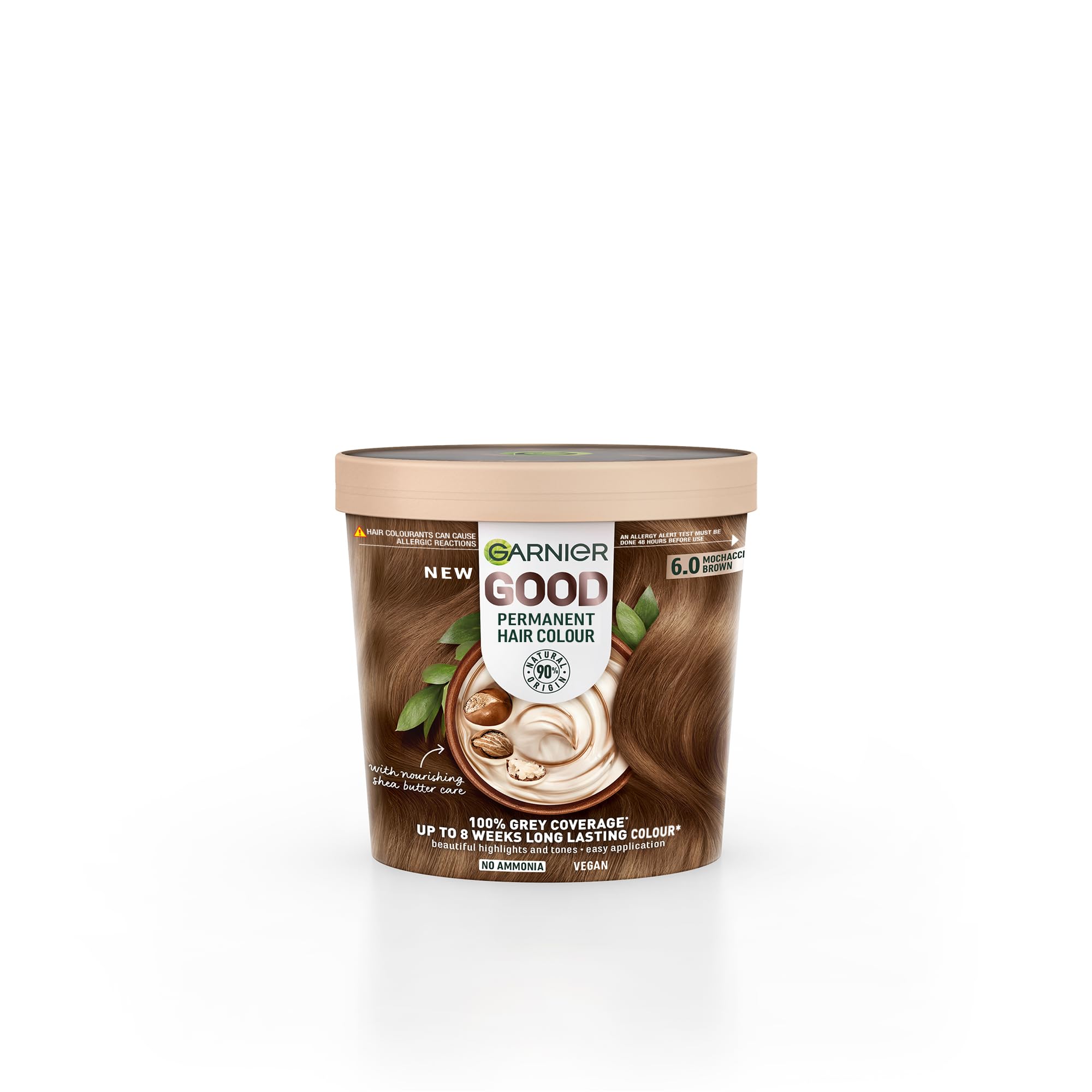 Garnier GOOD Permanent Hair Dye, 6.0 Mochaccino Brown. Provides 100% grey coverage and 8-week colour. No ammonia, vegan shea butter formula for vibrant, lasting results on all hair types.