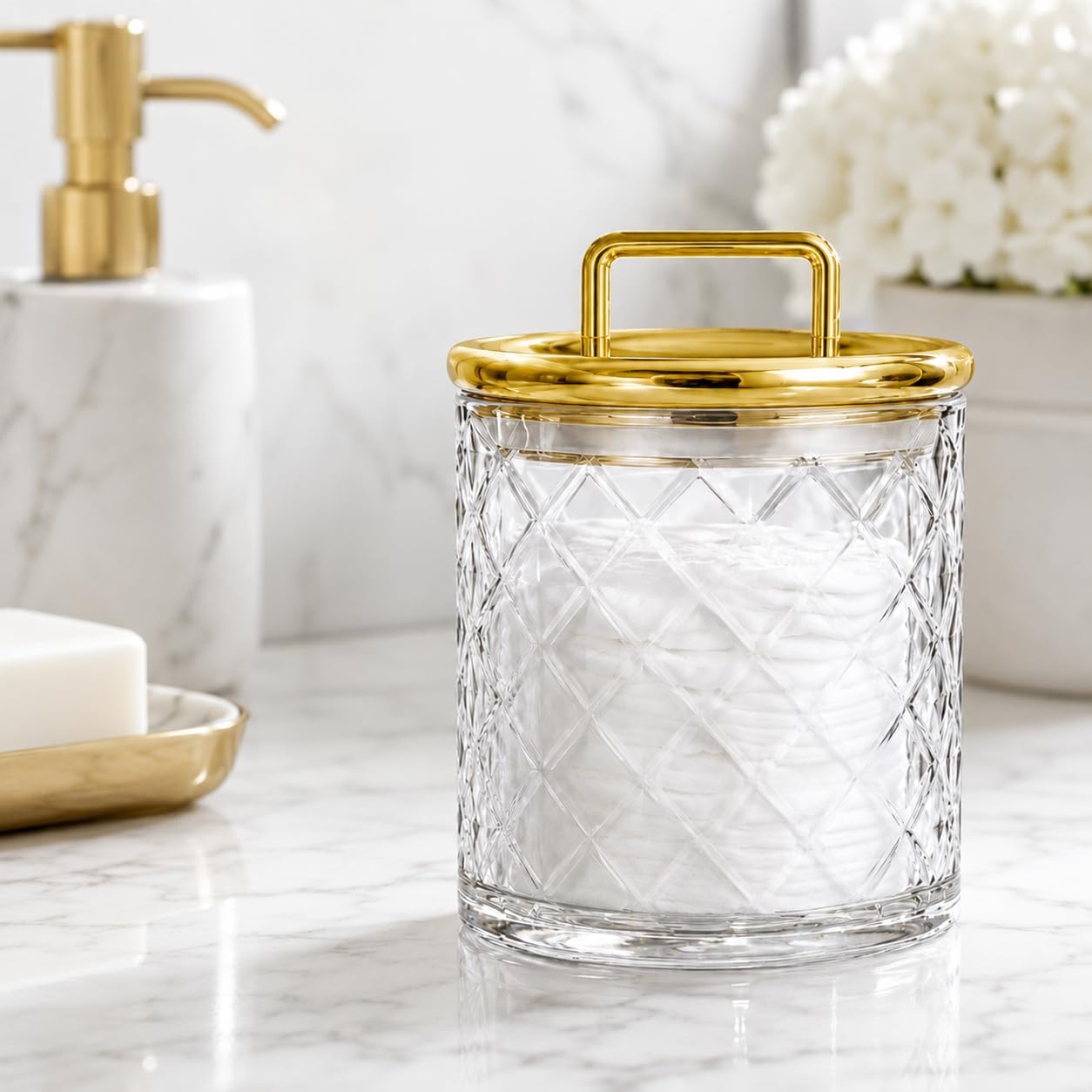 Acrylic Storage Jar with Gold Lid – Airtight Clear Canister for Bathroom & Vanity | Apothecary Jar for Qtips, Cotton Pads, Bath Salts, Snacks & Small Essentials 4.8" image 3