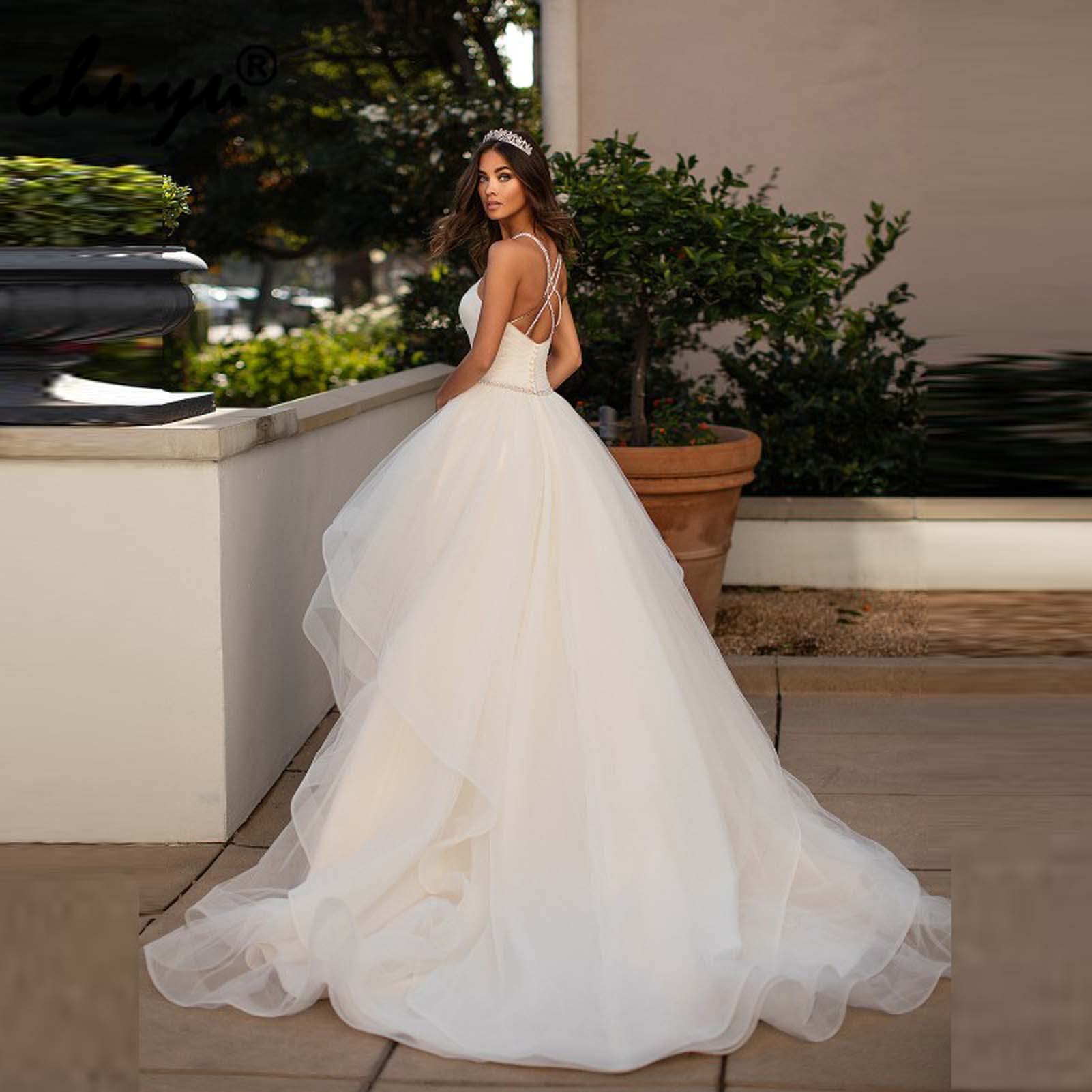 Brautkleid aus Spitze mit V-Ausschnitt, diagonalem Rückenausschnitt, ärmellos, mit Perlen besetzt, Weiß-2, Weiß-2,White-2