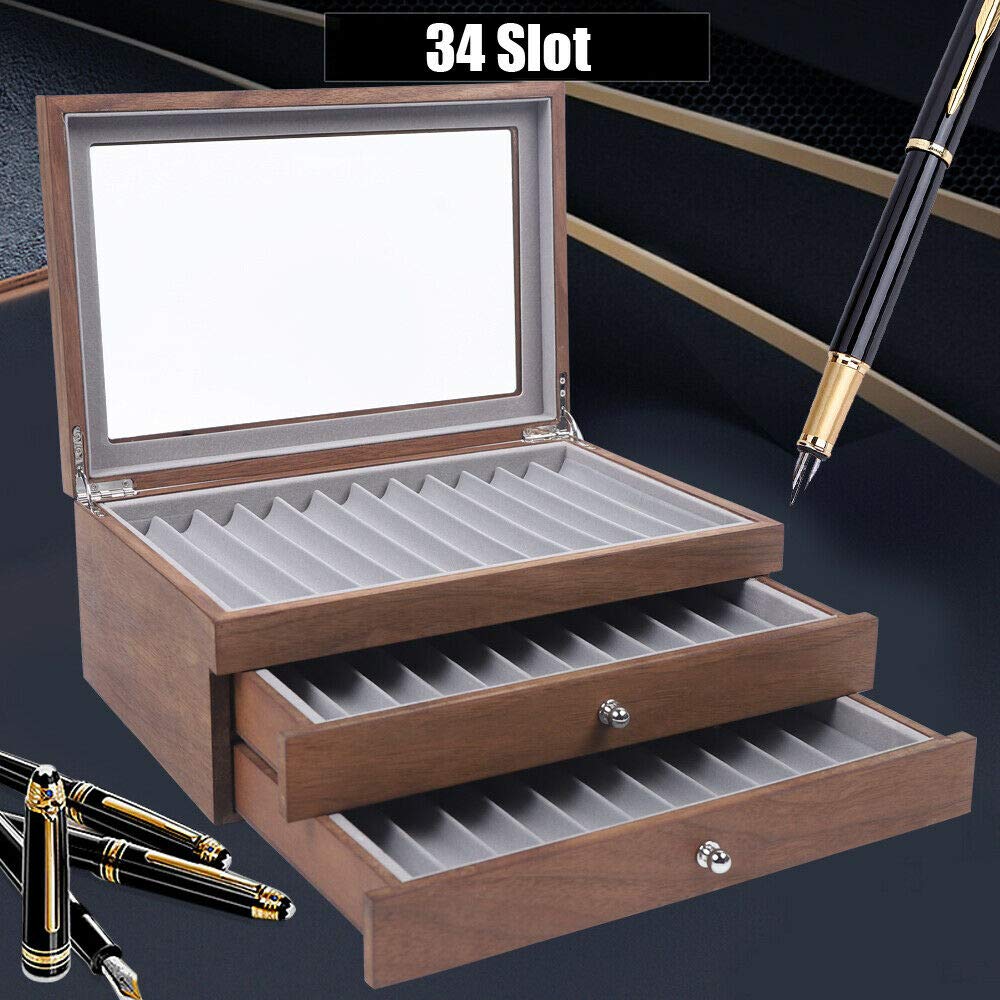 Stifthalterbox Holz, 34 Stift Füllfederhalter Sammelbox, 3-Lagige Stiftebox Organizer Box Holzkisten Aufbewahrung Schubladenbox Penbox Stiftetui Federhalter Display Box mit Schubladen (Nussbaum)