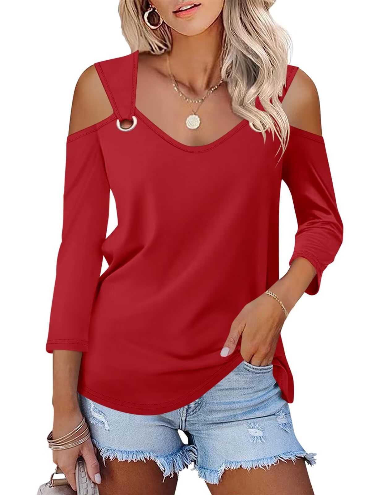 Blouse col en V manches 3/4 masquant les bras avec style - 7