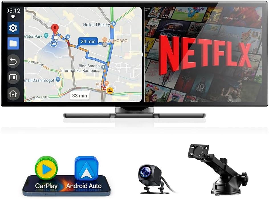 Volam 10.25 Inch Wireless Car Screen Carplay Compatible with Netflix/Youtube,Carplay and Android Auto,Screen for Car with 1080P Reverse Camera,GPS Navigator,2.4G/5G WLAN Bluetooth