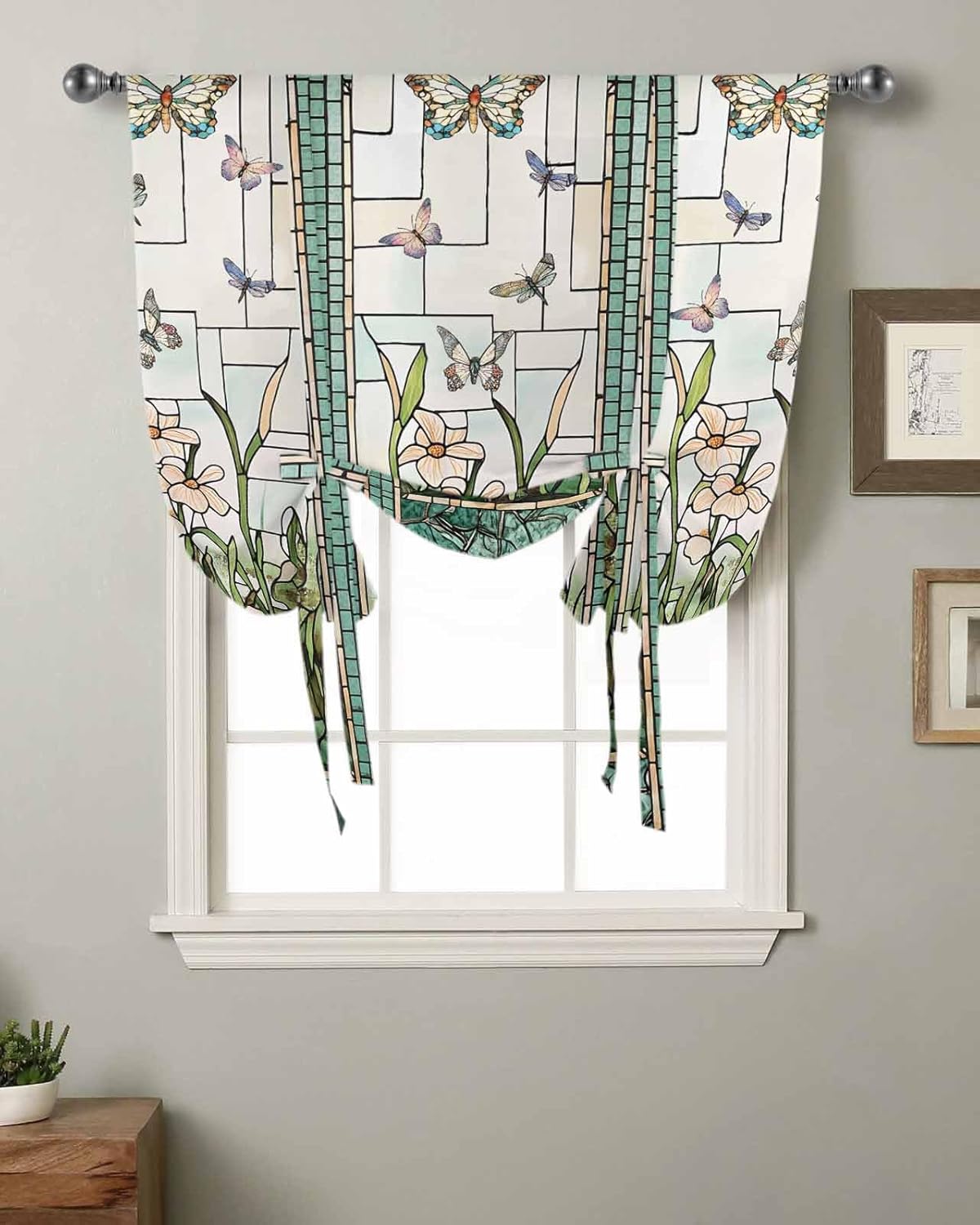 Retro Tie Up Curtains for Windows Stained Glass ​Meadow Flower Butterfly Print Rod Pocket Tie-Up Window Shade Adjustable Balloon Curtain Valance for Bedroom Kitchen Bathroom Blinds,46" Wx63 L