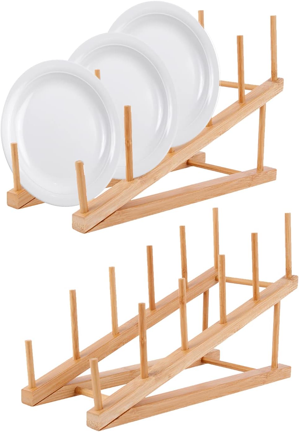 TokenhighWooden Dish Sloping Rack, 2 PCS Bamboo Plate Rack for Cupboard, Multifunctional Dish Stand Drainers, Dish Drying Rack Pot Lid Holder, Kitchen Cabinet Organizer for Bowl Cup Cutting Board