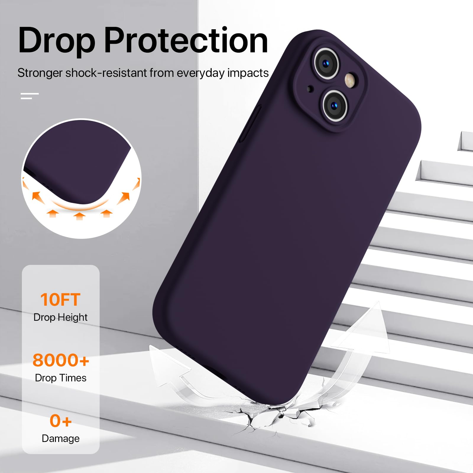 GOODVISH 3 in 1 Silicone Cover per iPhone 15 6.1" (2023), Custodia con 2 Pellicola Protettiva, Case per Cellulare Ultra Sottile Antiurto Resistente [Protezione Fotocamera], Viola Scuro