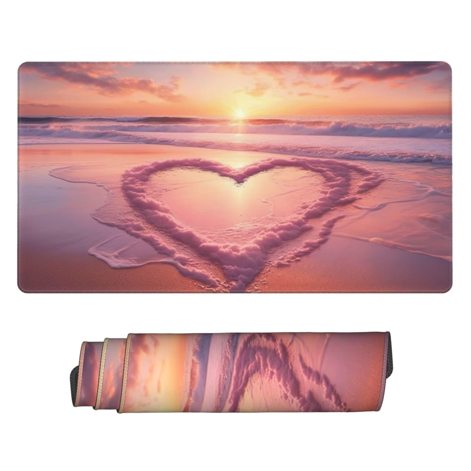Gaming Mauspad XXL 1200x600x3mm Mousepad Verlängertes Groß Mauspad Schreibtischauflage,Genähte Kanten Rutschfeste Gummibasis,Verbessert Präzision Geschwindigkeit Home Office Herzförmiger Strand L-3322